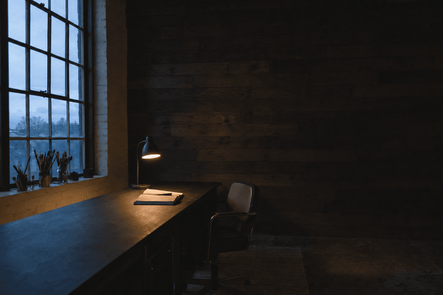 Quiet creative studio interior at dusk: long matte-black work surface, lit desk lamp, blue evening light through tall windows