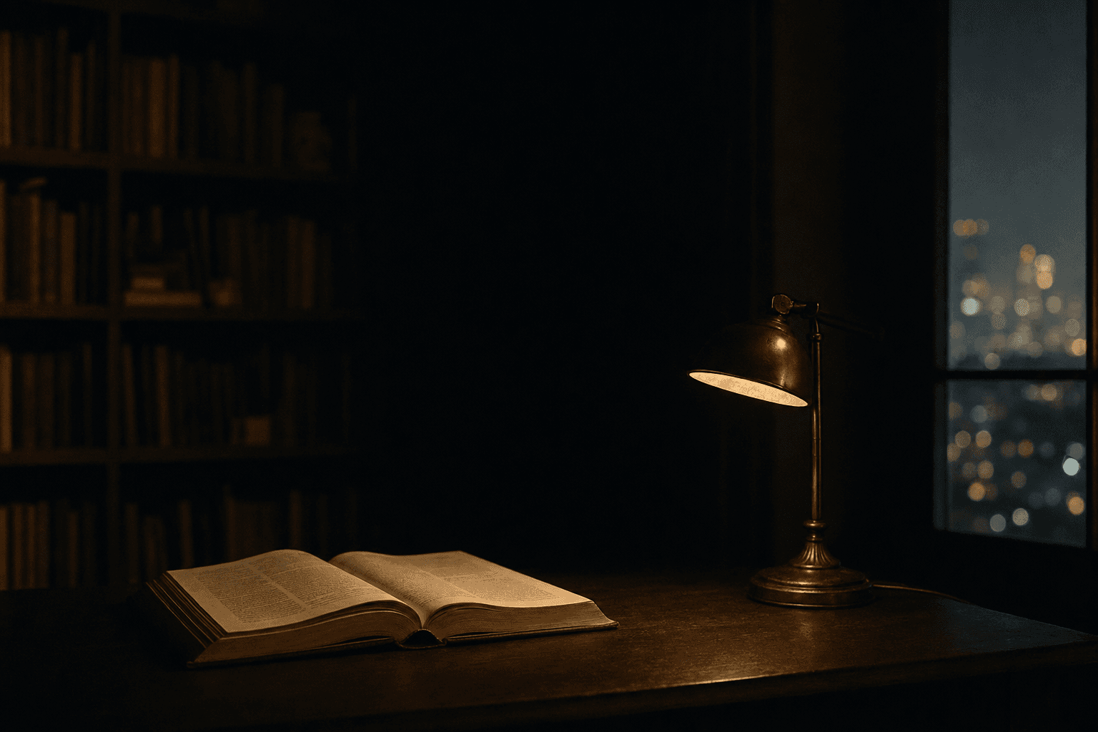 An open hardcover book by a warm brass desk lamp at night, dark study with reflected city lights