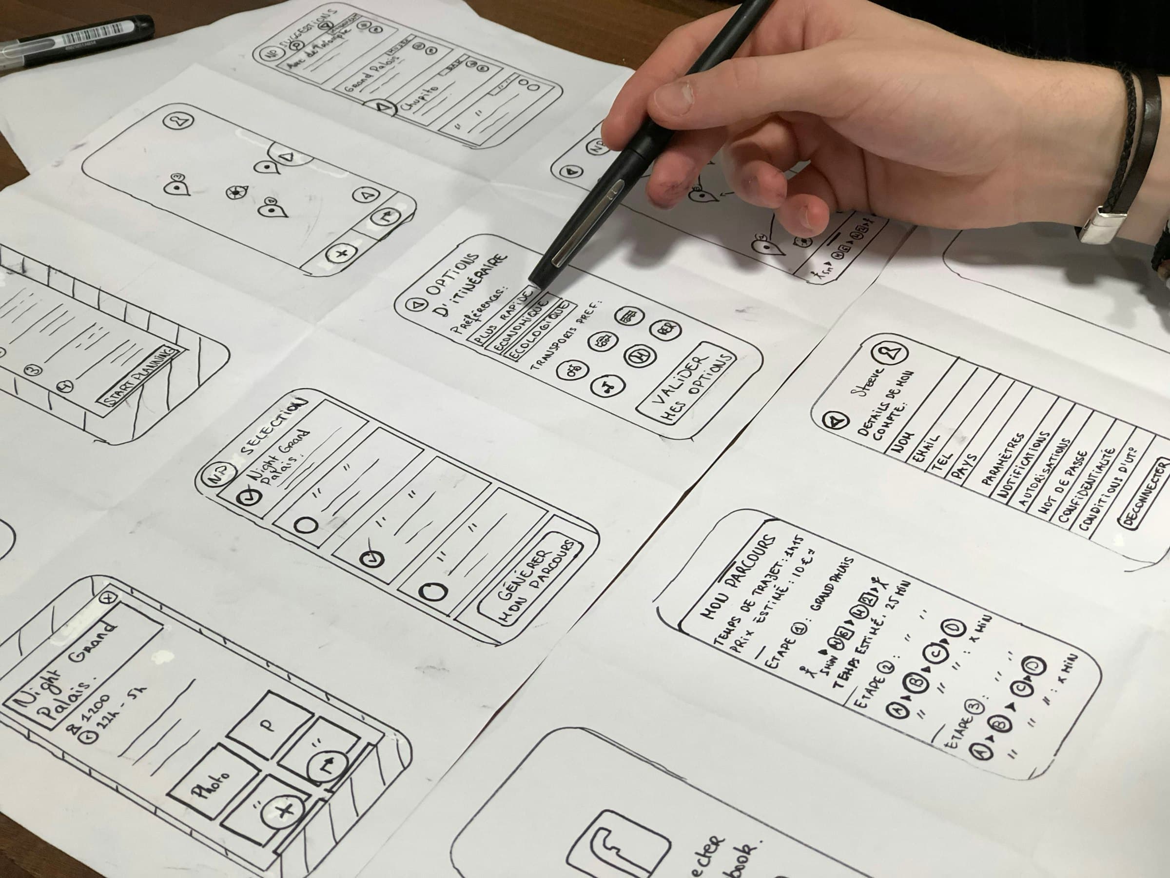 Hand holding a pen poised over a blank sheet ready for wireframe sketching
